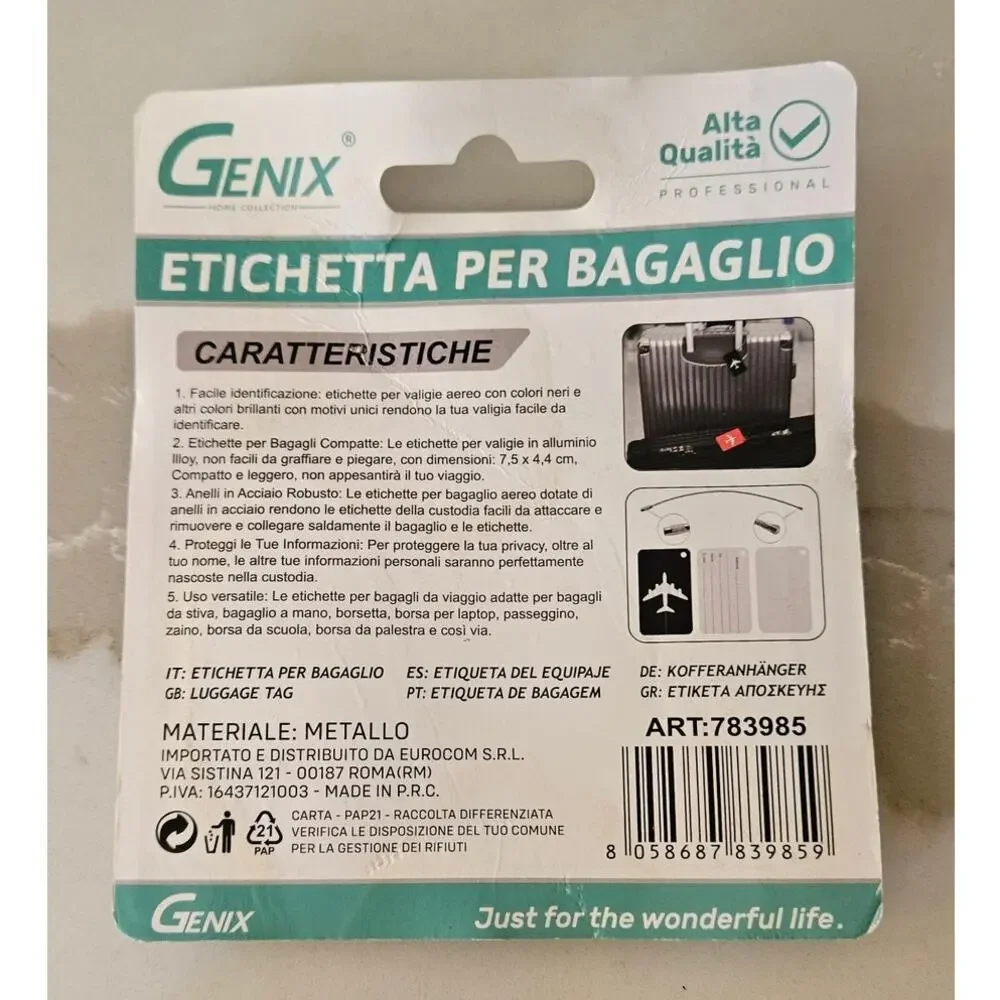 NEW Genix Metal Airplane Luggage Tag w/ Steel Cable - 7.5x4.4 CM Travel Tag